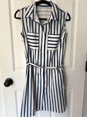 Sleeveless Striped Shirt Dress in White and Blue with Tie Waist